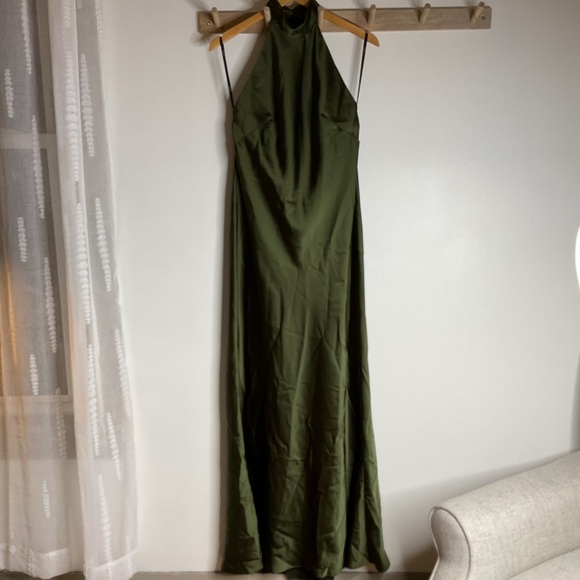 Social Bridesmaids Tie High Neck Halter Olive Green Slip Backless Maxi Dress NWT - Picture 3 of 11